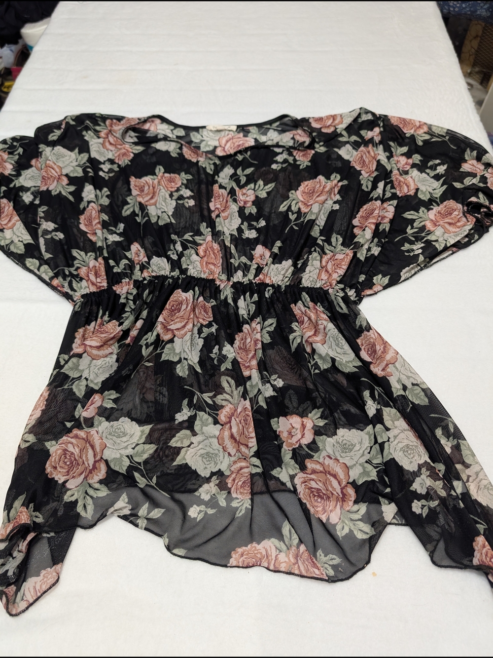 Floral Sheer Black Blouse with Pink‎ Rose Print Size 1x Whimsgoth